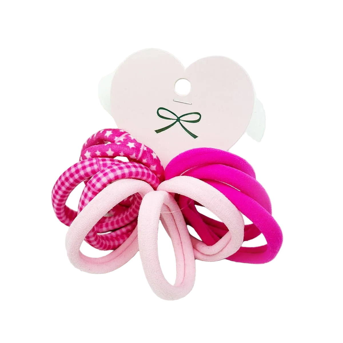 Pink hair tie set with 10 gingham, polka dot and solid light pink and hot pink ponytail holders on a heart card