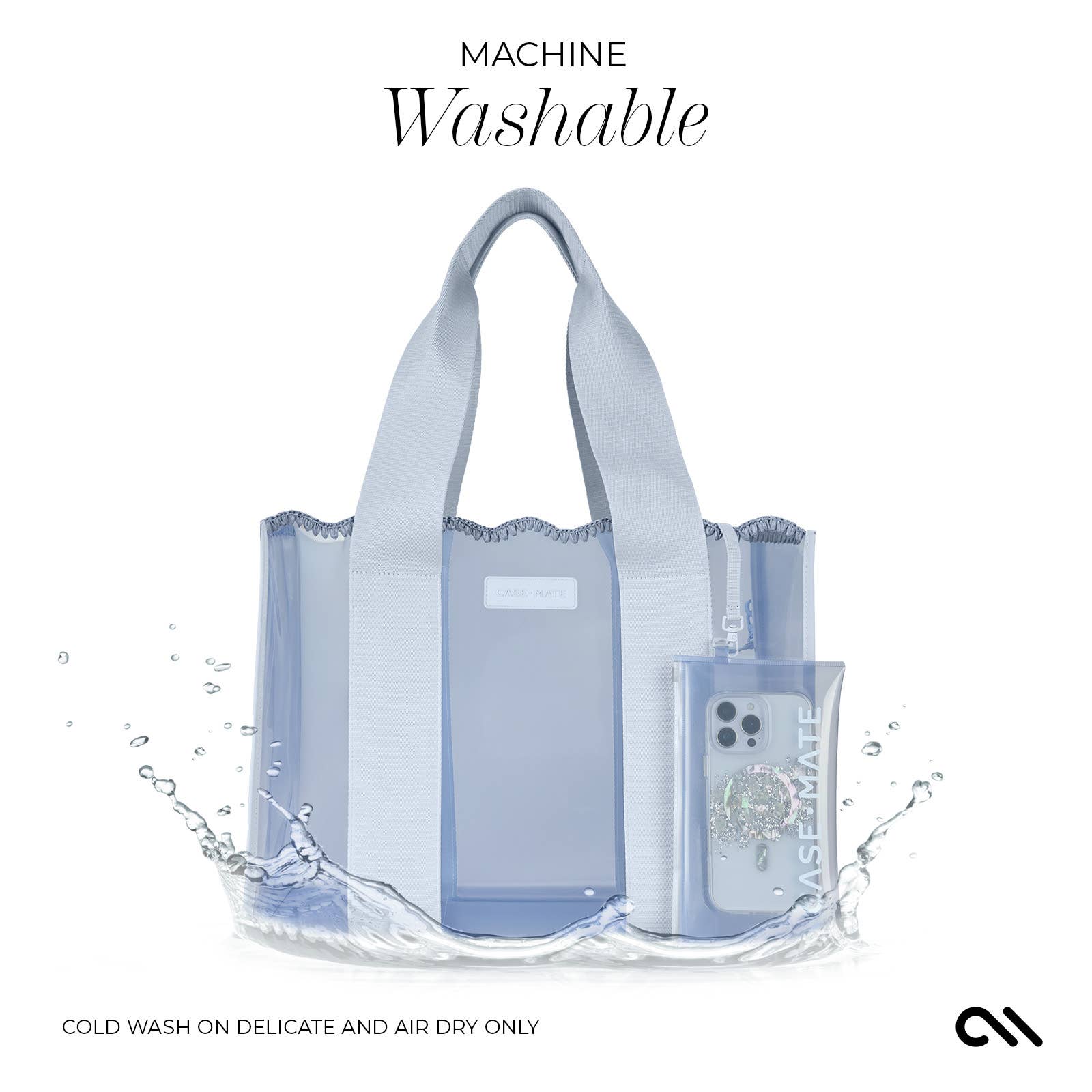 Transparent tote bag with a phone inside, labeled 'Machine Washable', on a white background.