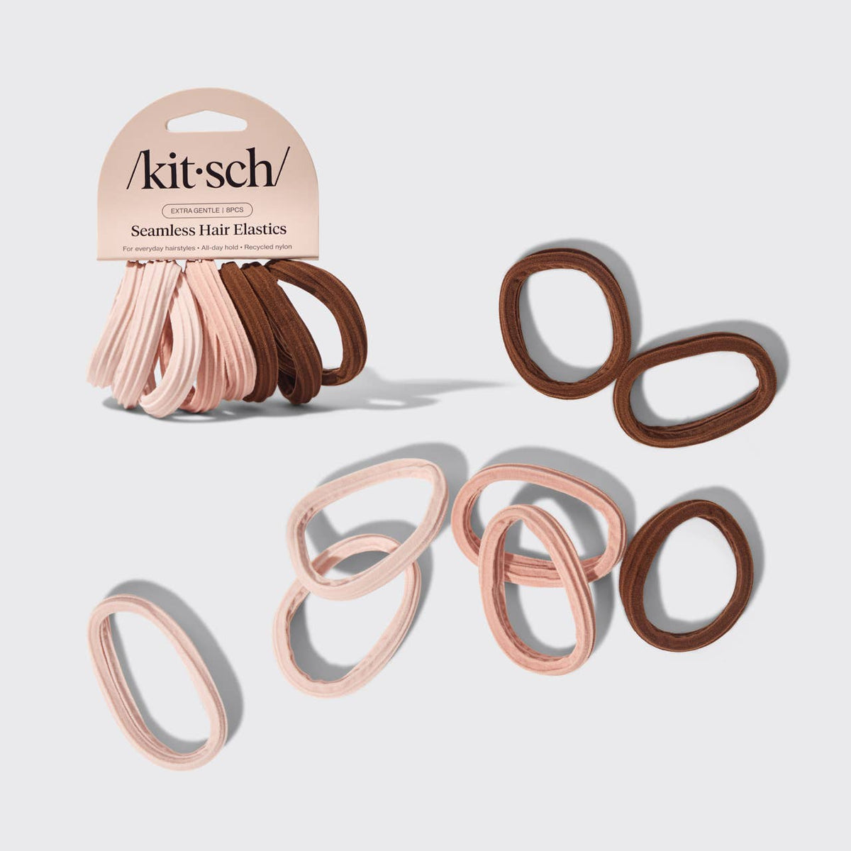 KITSCH recycled seamless hair elastics 8 pack in Rosewood blush, pink and brown shades