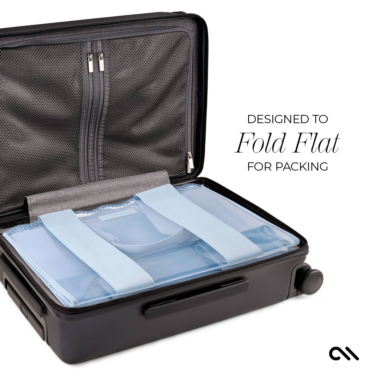 Black suitcase with a packing organizer inside, designed to fold flat.