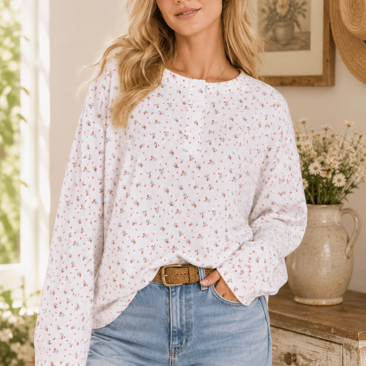 Woman wearing a white ditsy floral waffle knit henley top front-tucked into light-wash jeans