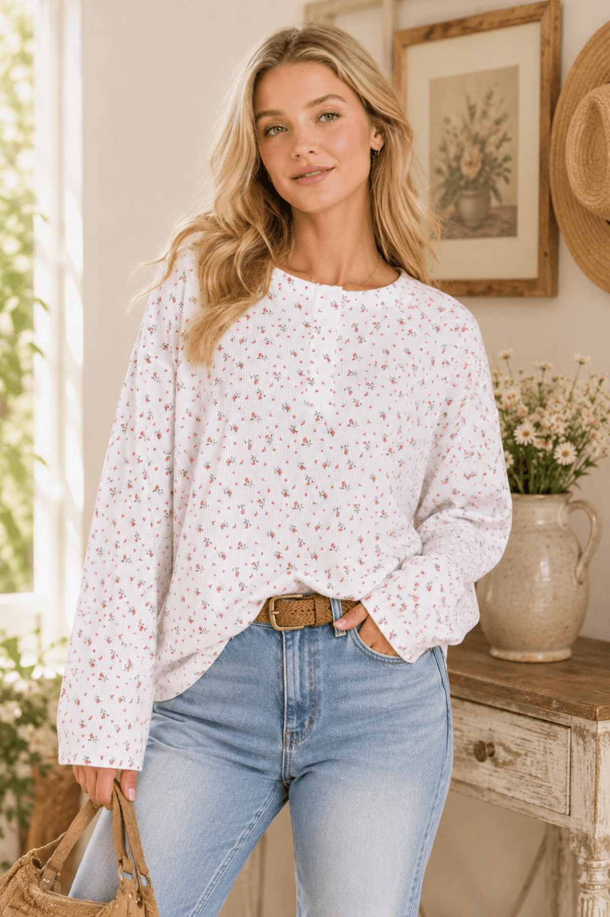 Woman wearing a white ditsy floral waffle knit henley top front-tucked into light-wash jeans