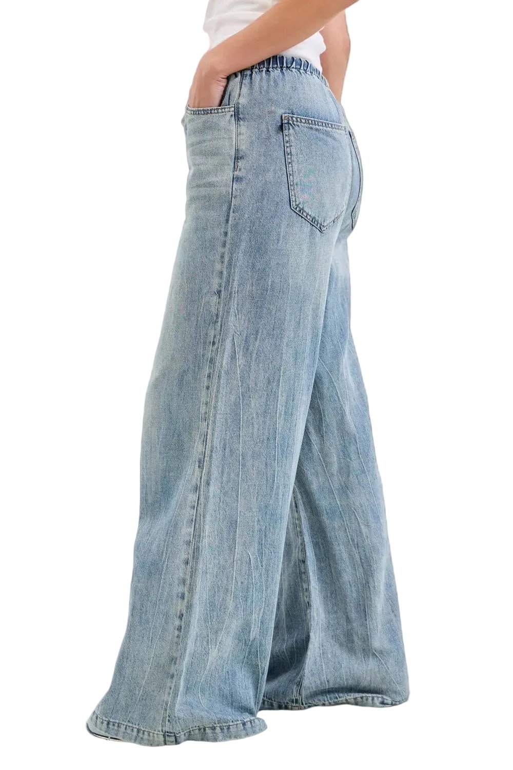 Side view of Judy Blue High Waist Palazzo Featherweight Drawcord Jeans on white background