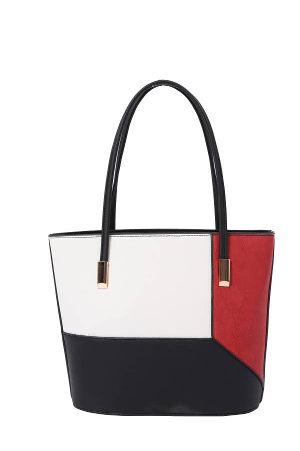 Faux Leather Two Toned Two Handle Tote Bag.
