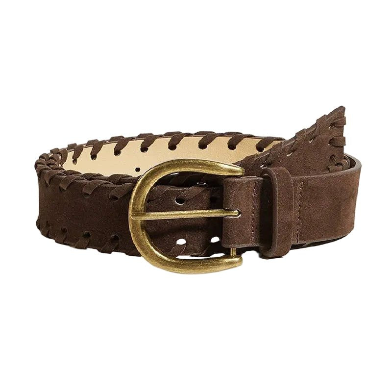 Brown belt with a gold buckle on a white
background