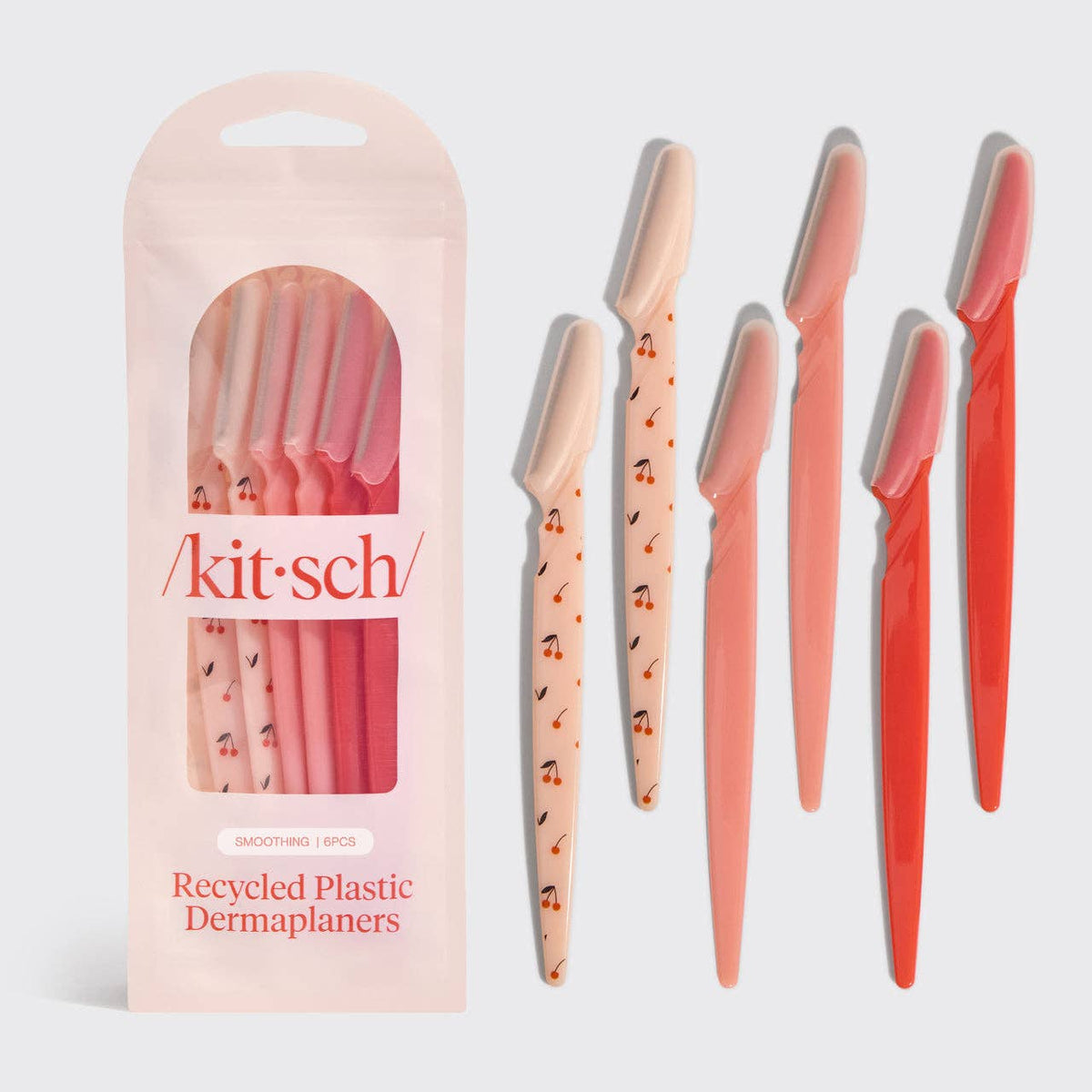 KITSCH recycled plastic dermaplaners 6 pack in cherry blossom print and soft cherry pink shades with package