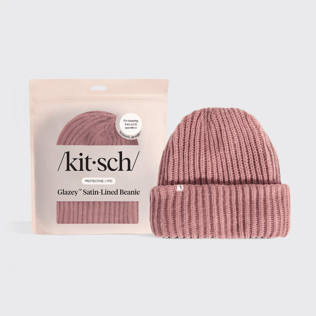 KITSCH Glazey satin-lined ribbed knit beanie in blush pink shown with its packaging