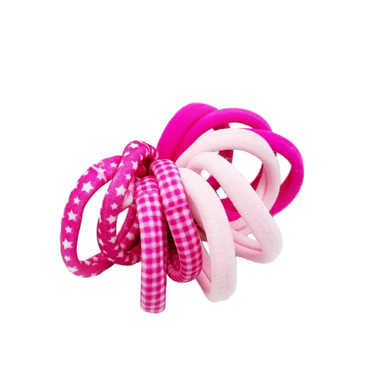 Side view of the pink printed and solid hair ties in gingham, hot pink and light pink