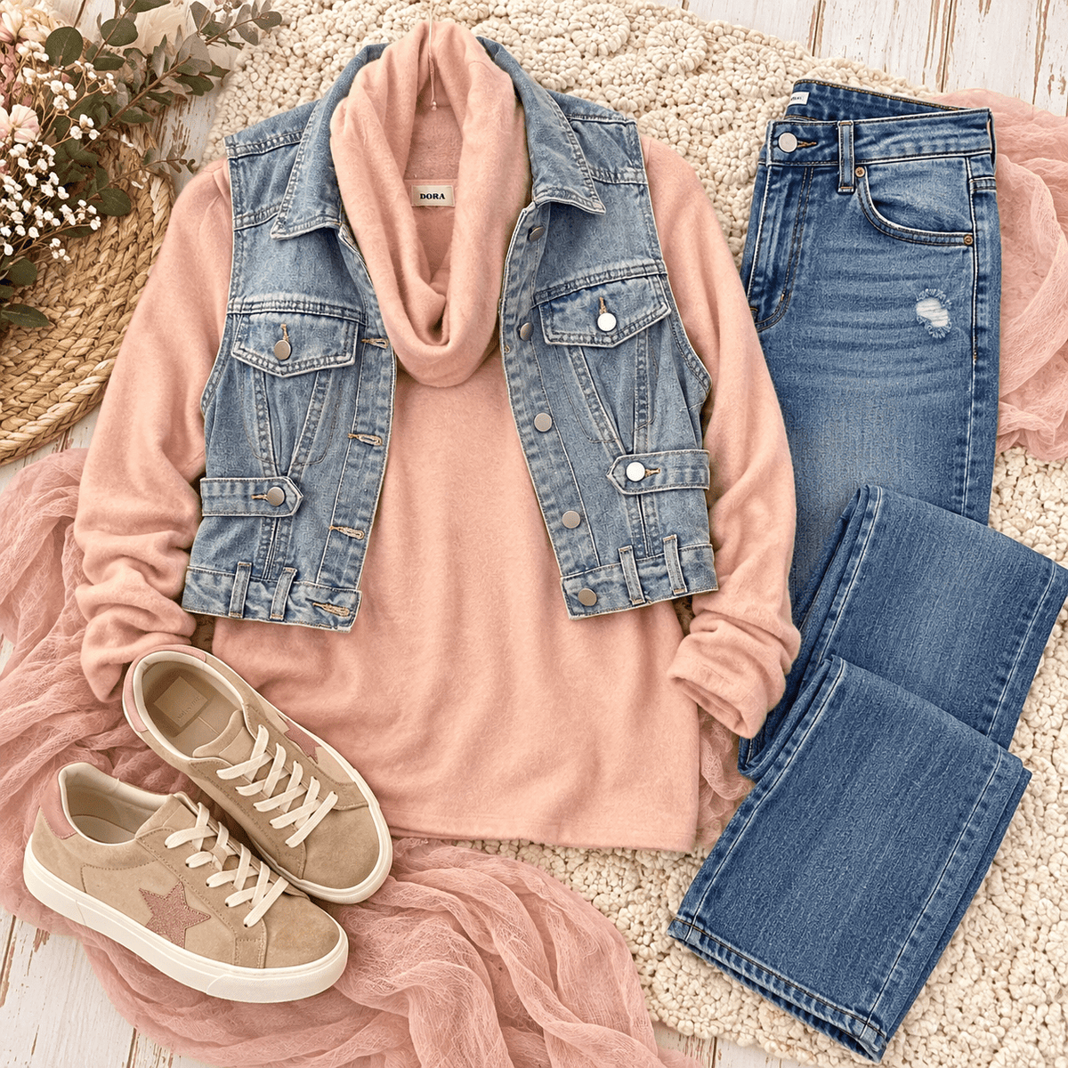 Flat lay outfit of the smoke pink cowl neck top with a denim vest, medium-wash jeans and tan sneakers