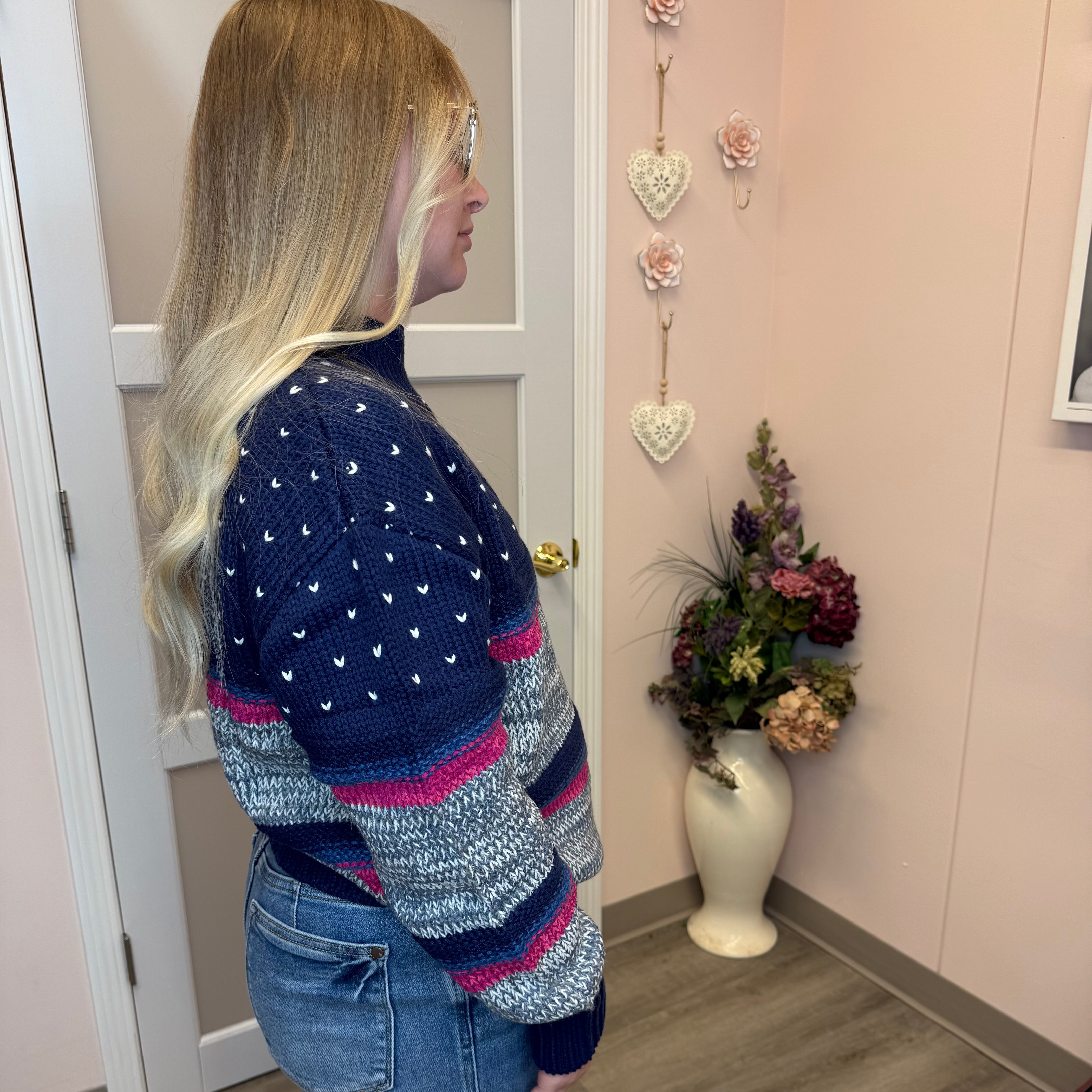 Navy variegated stripe mock neck sweater – side view