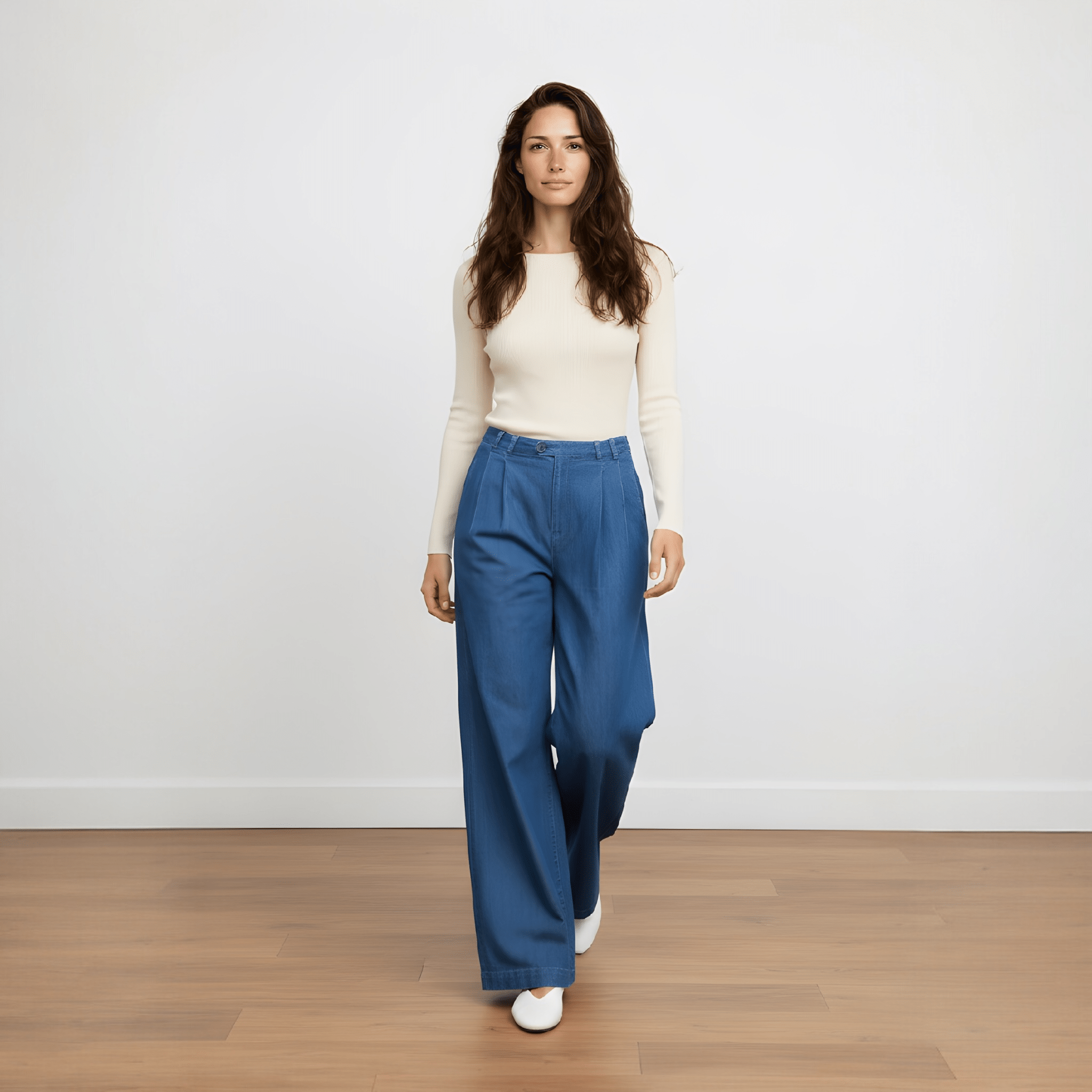 Woman wearing a white top and blue pants standing on a wooden floor with a white background