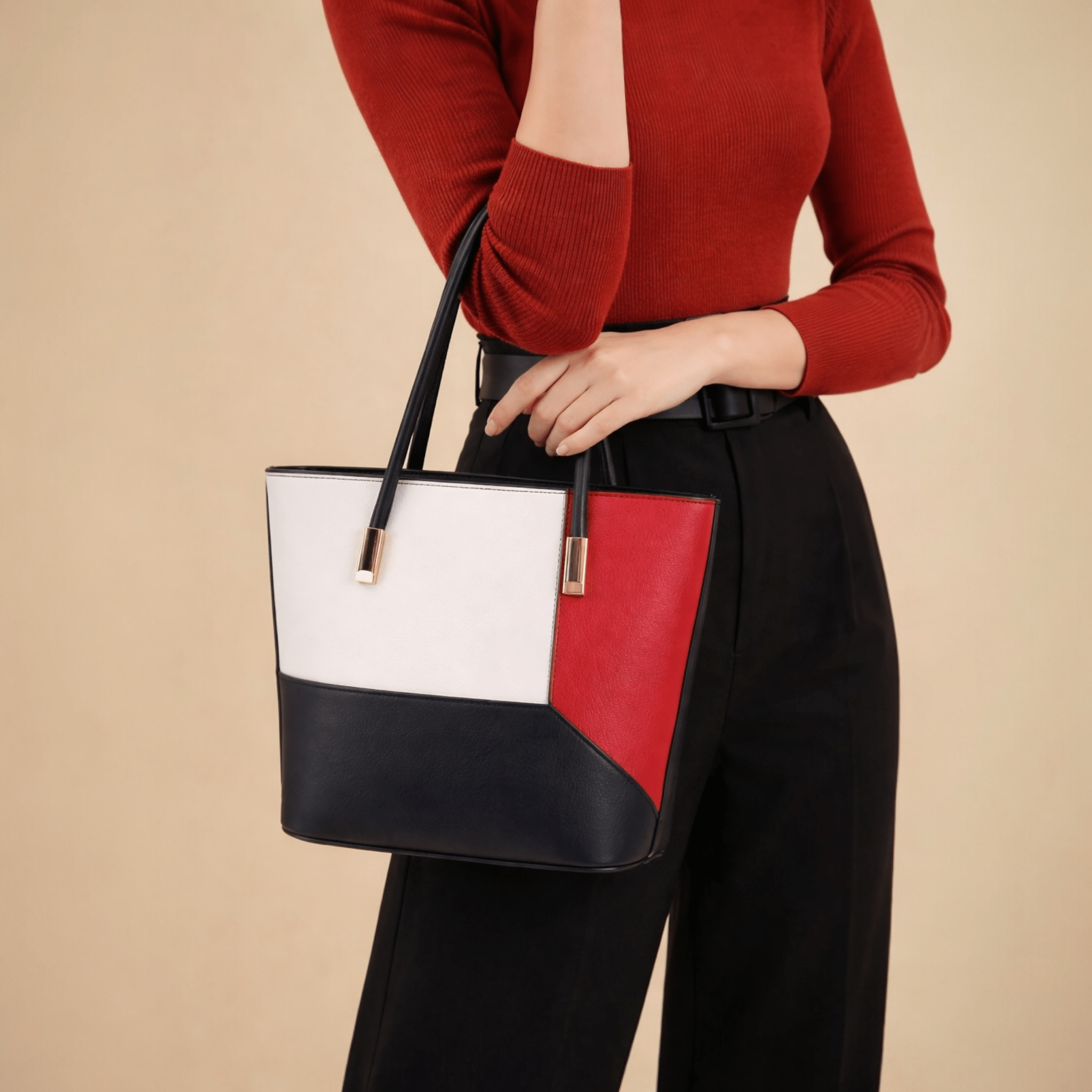Faux Leather Two Toned Two Handle Tote Bag.