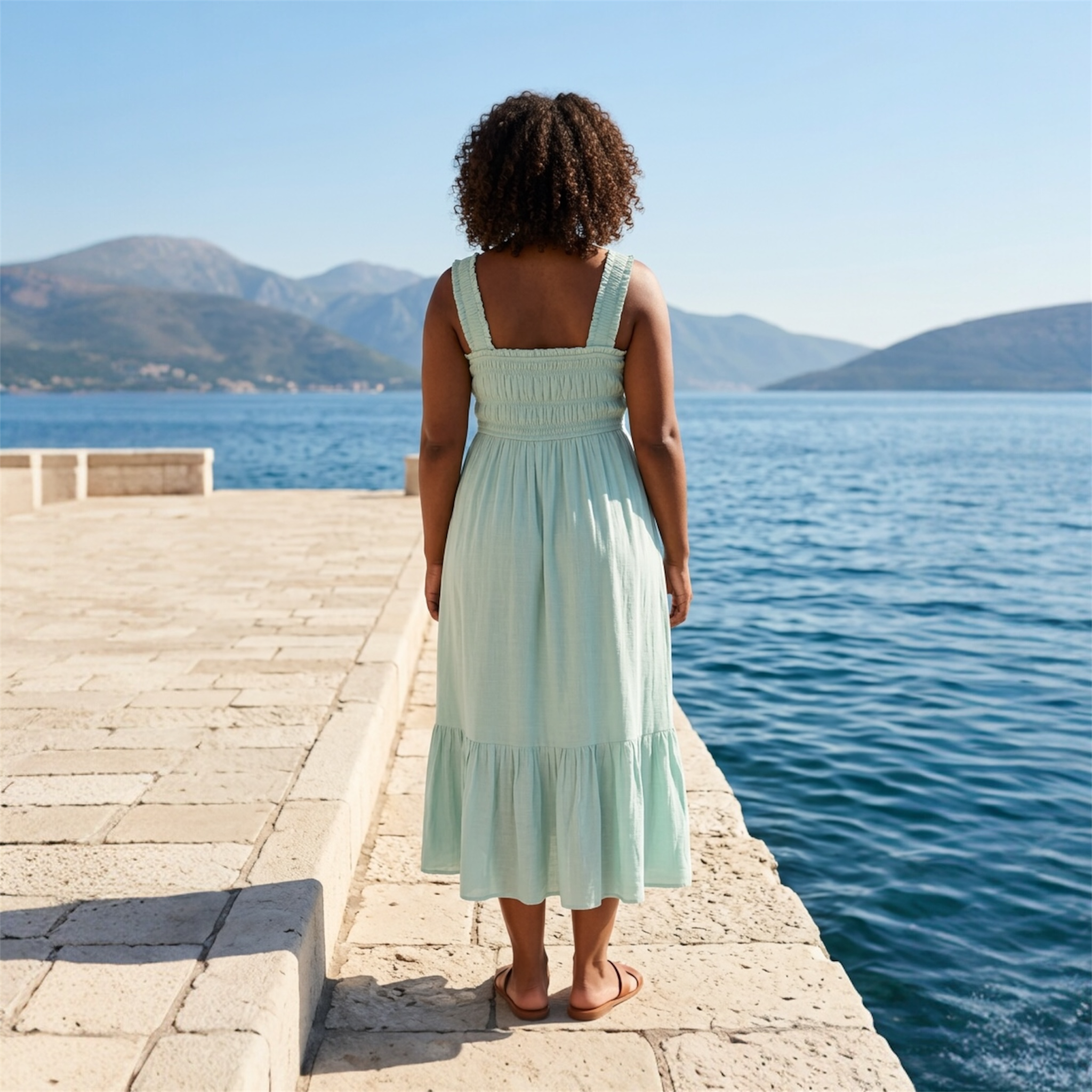Woman in a light green dress standing on a dock by the water with mountains in the background