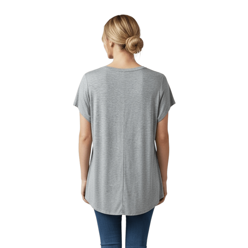 Person wearing a gray t-shirt and blue jeans on a white background