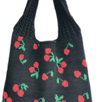 Black bag with red cherry pattern on a white background
