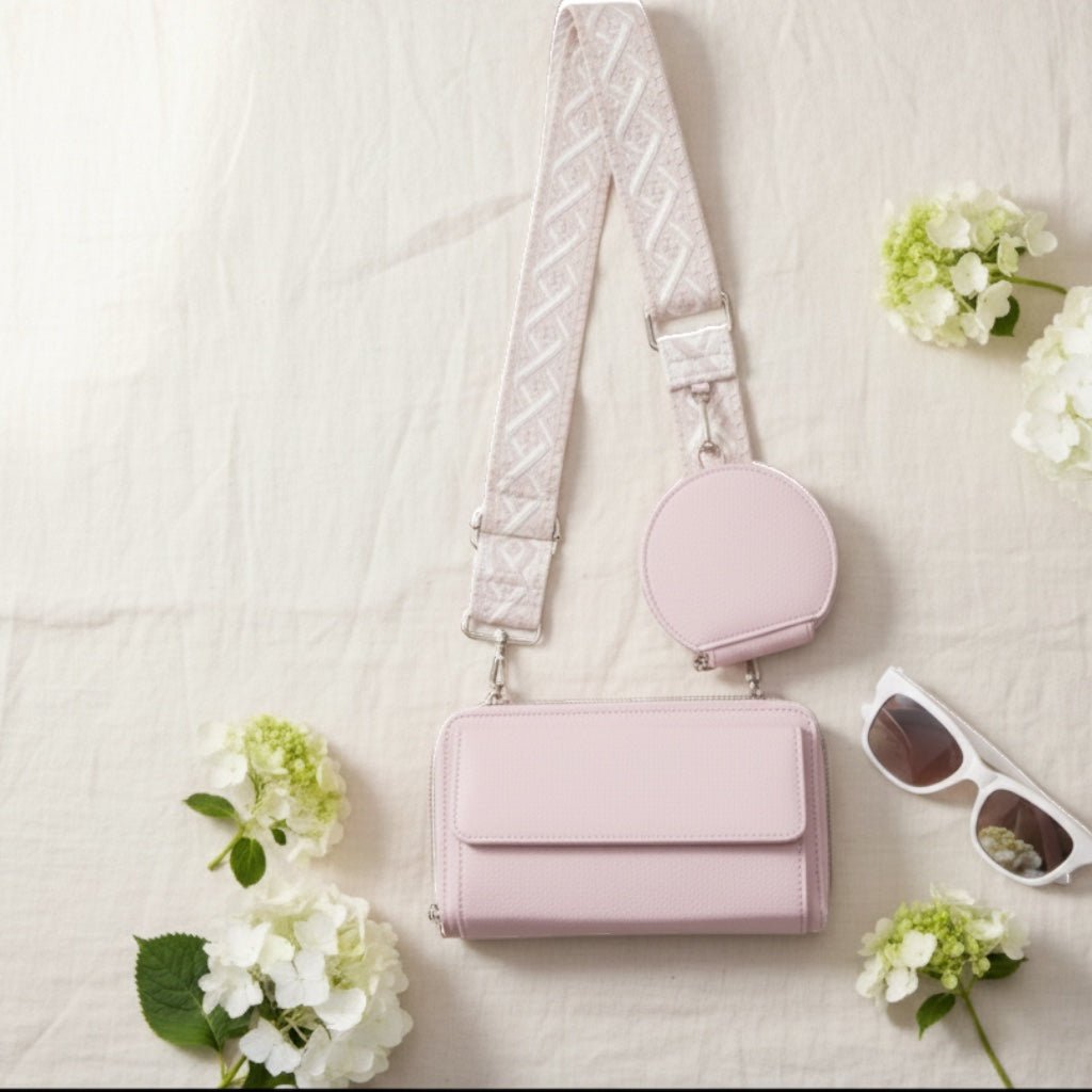 Cream vegan leather crossbody duo wallet handbag with gold hardware, front view