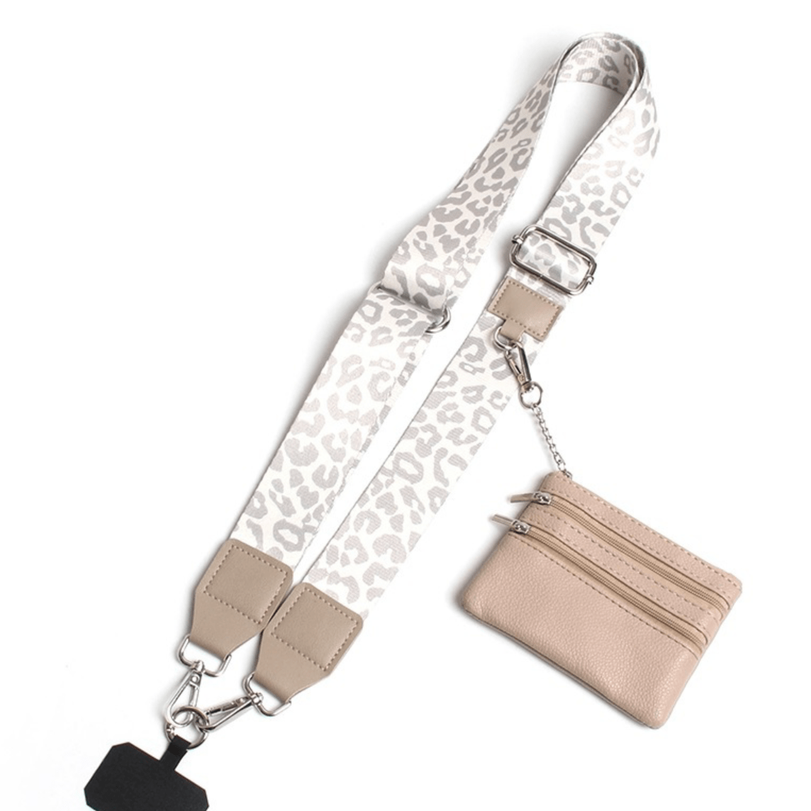 White crossbody phone strap and wallet duo with clip hardware on white background