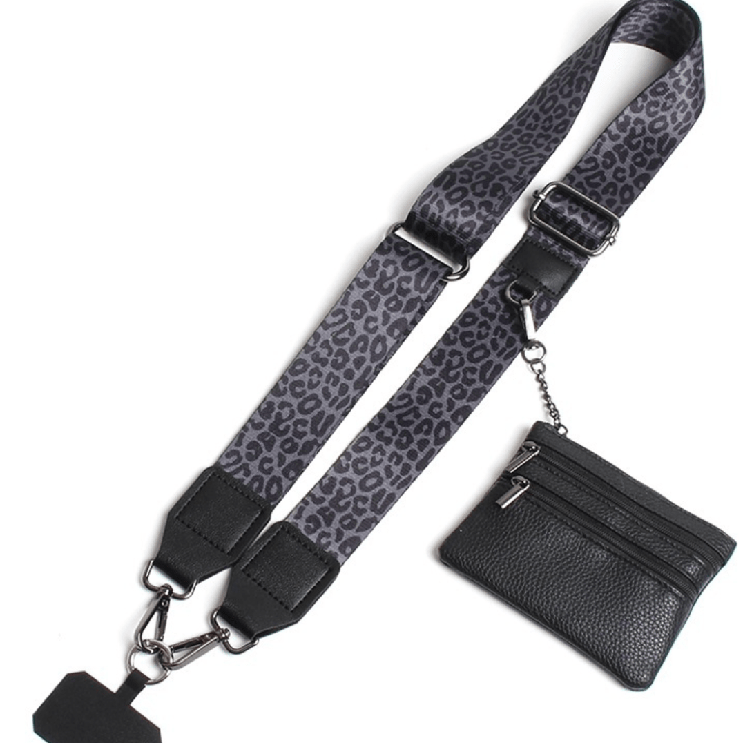Black crossbody phone strap with clip and wallet attachment on white background