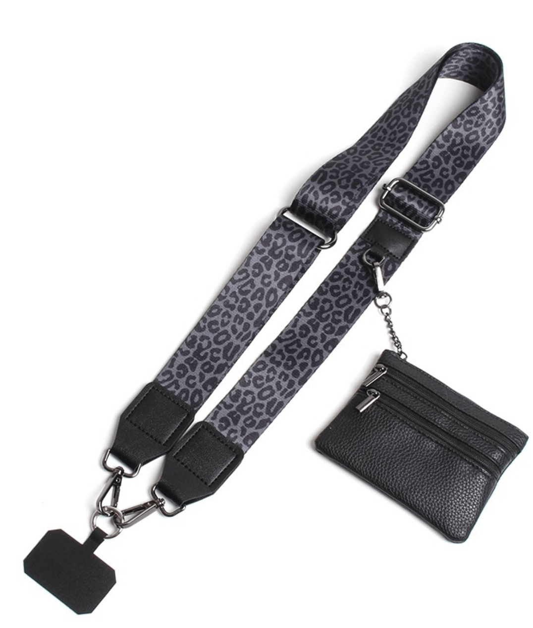Black crossbody phone strap with clip and wallet attachment on white background