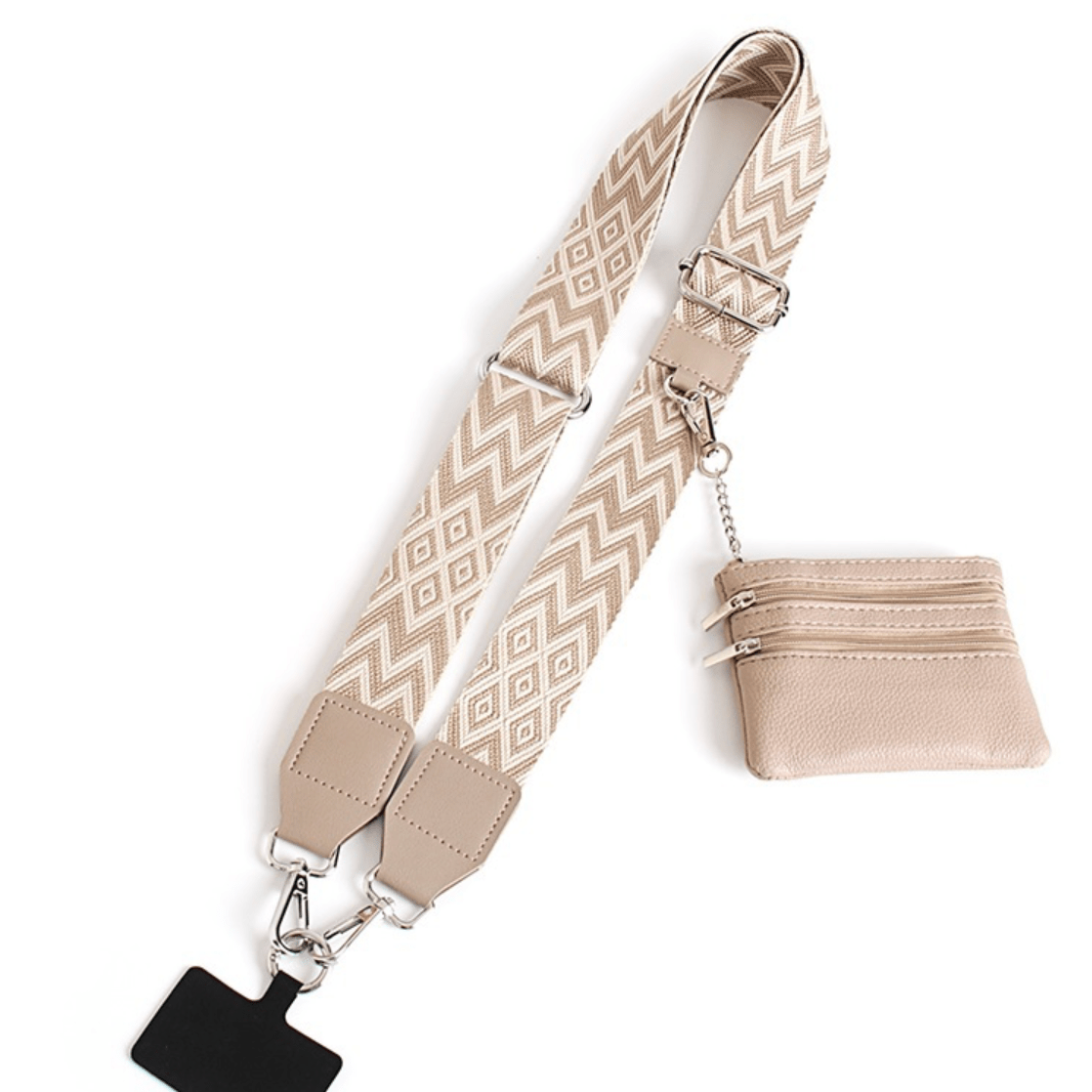 Beige crossbody phone strap with clip attachment on white background
