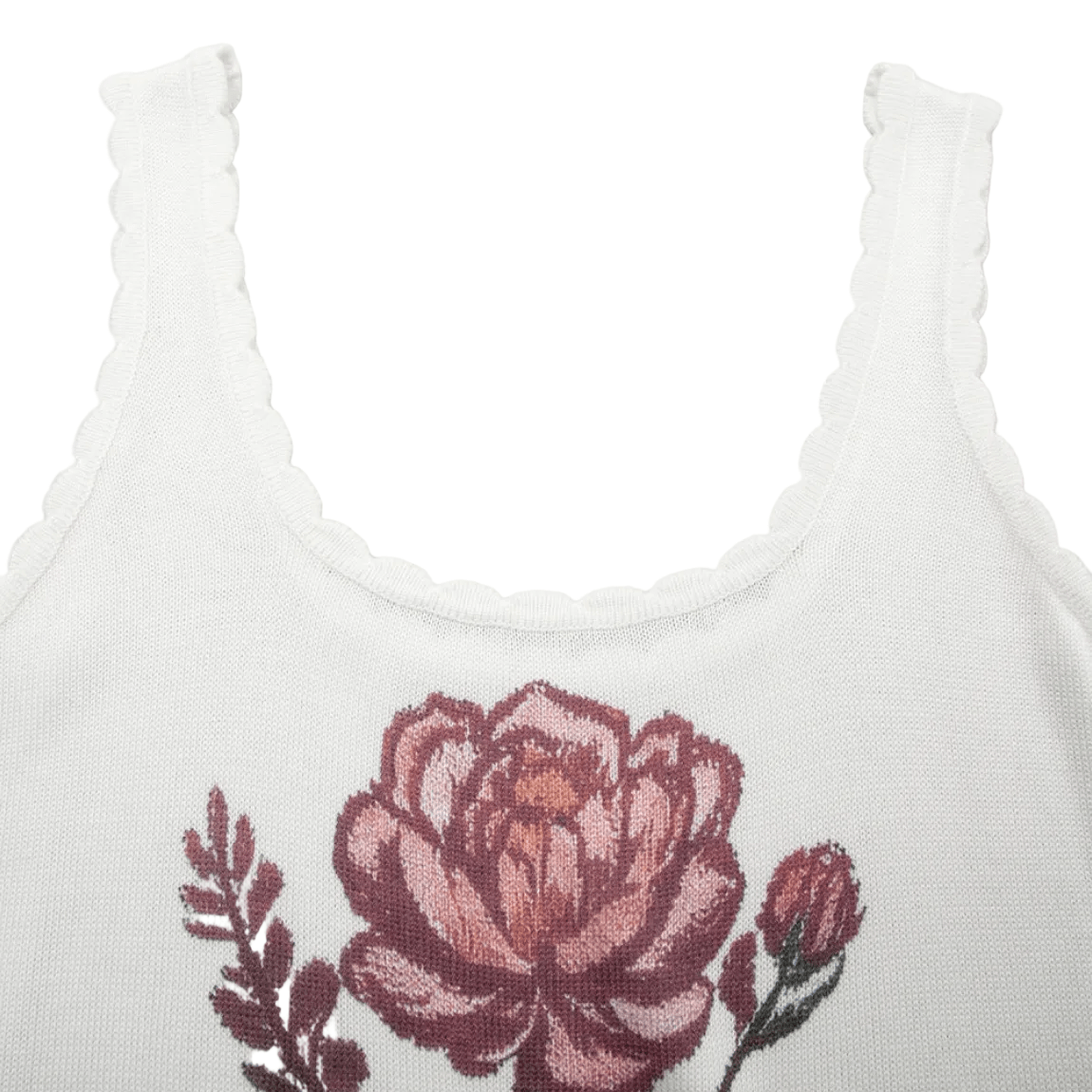 White tank top with a pink rose design on a light gray background