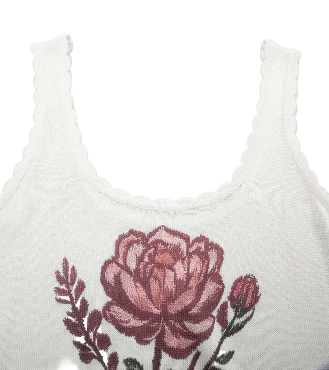 White tank top with a pink rose design on a light gray background
