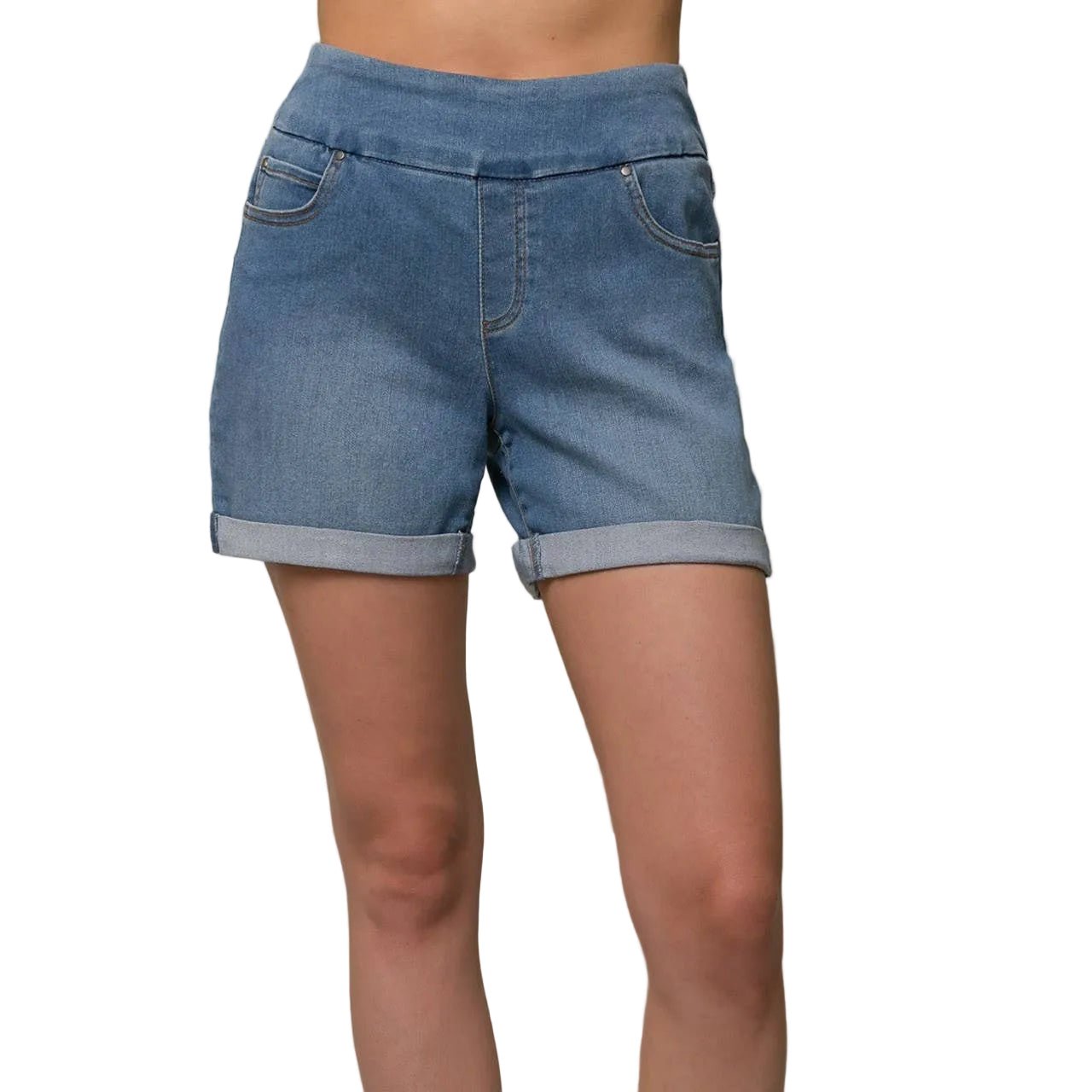 Person wearing blue denim shorts on a plain background
