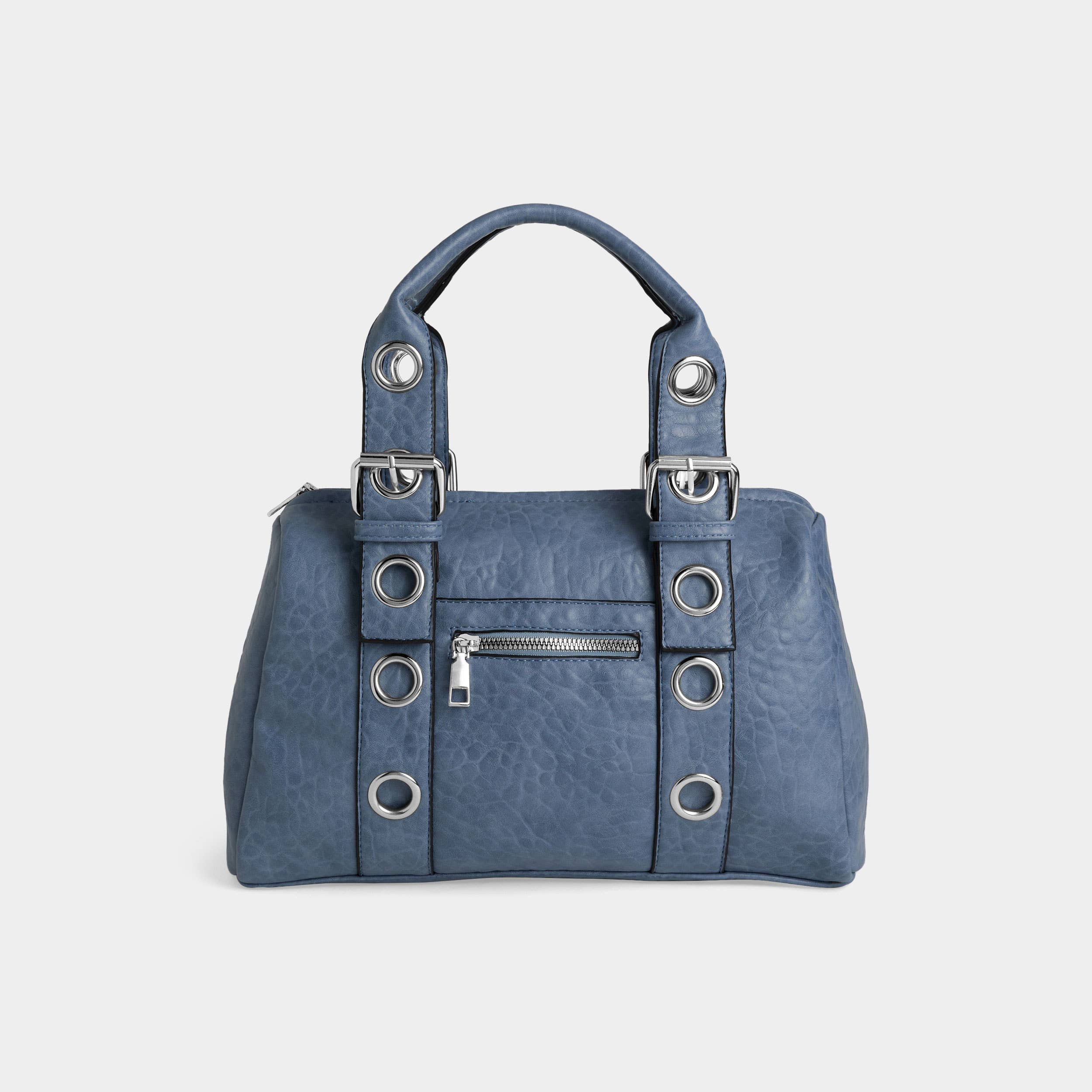 Blue handbag with silver accents on a light gray background