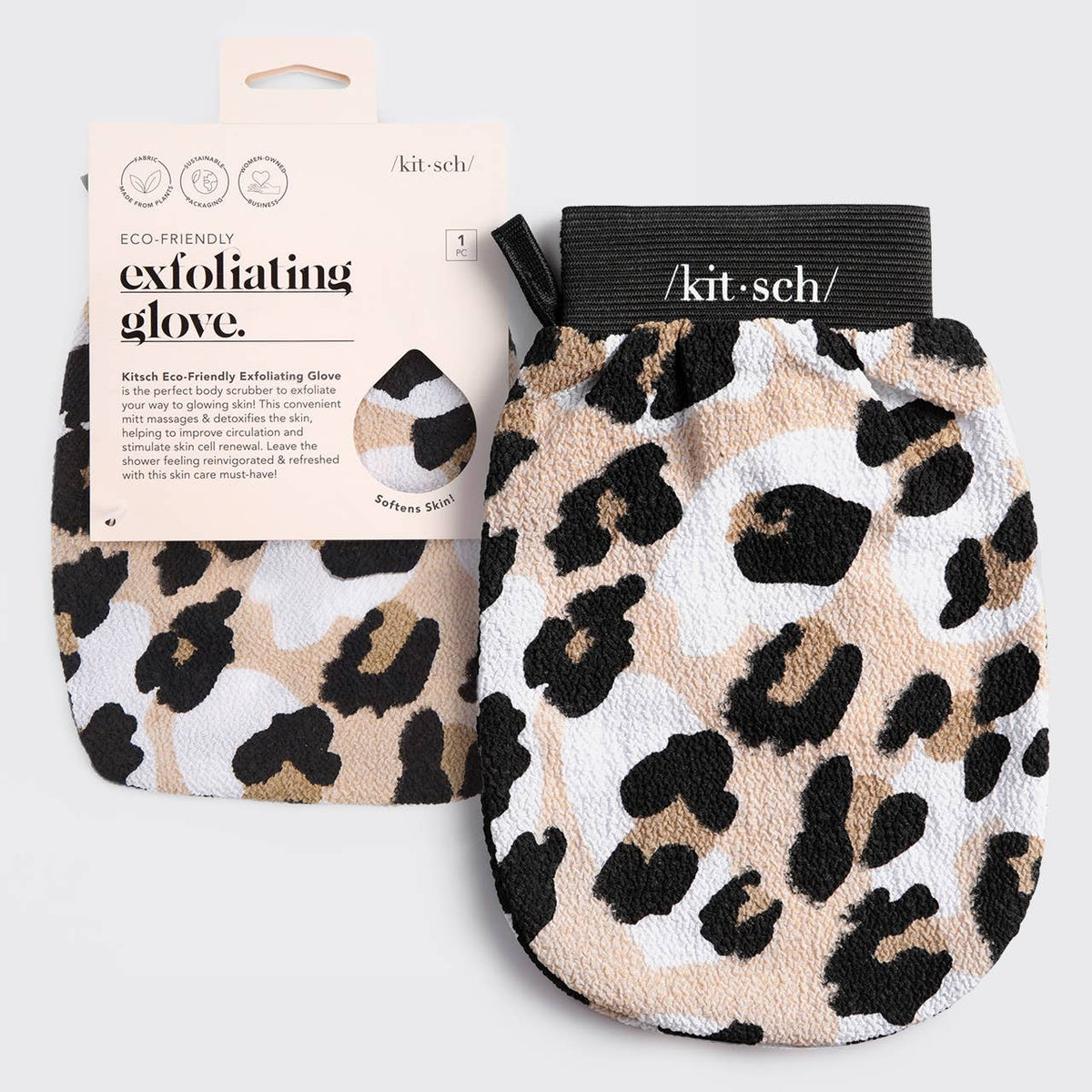 Kitsch Eco-Friendly Exfoliating Glove in leopard print with packaging