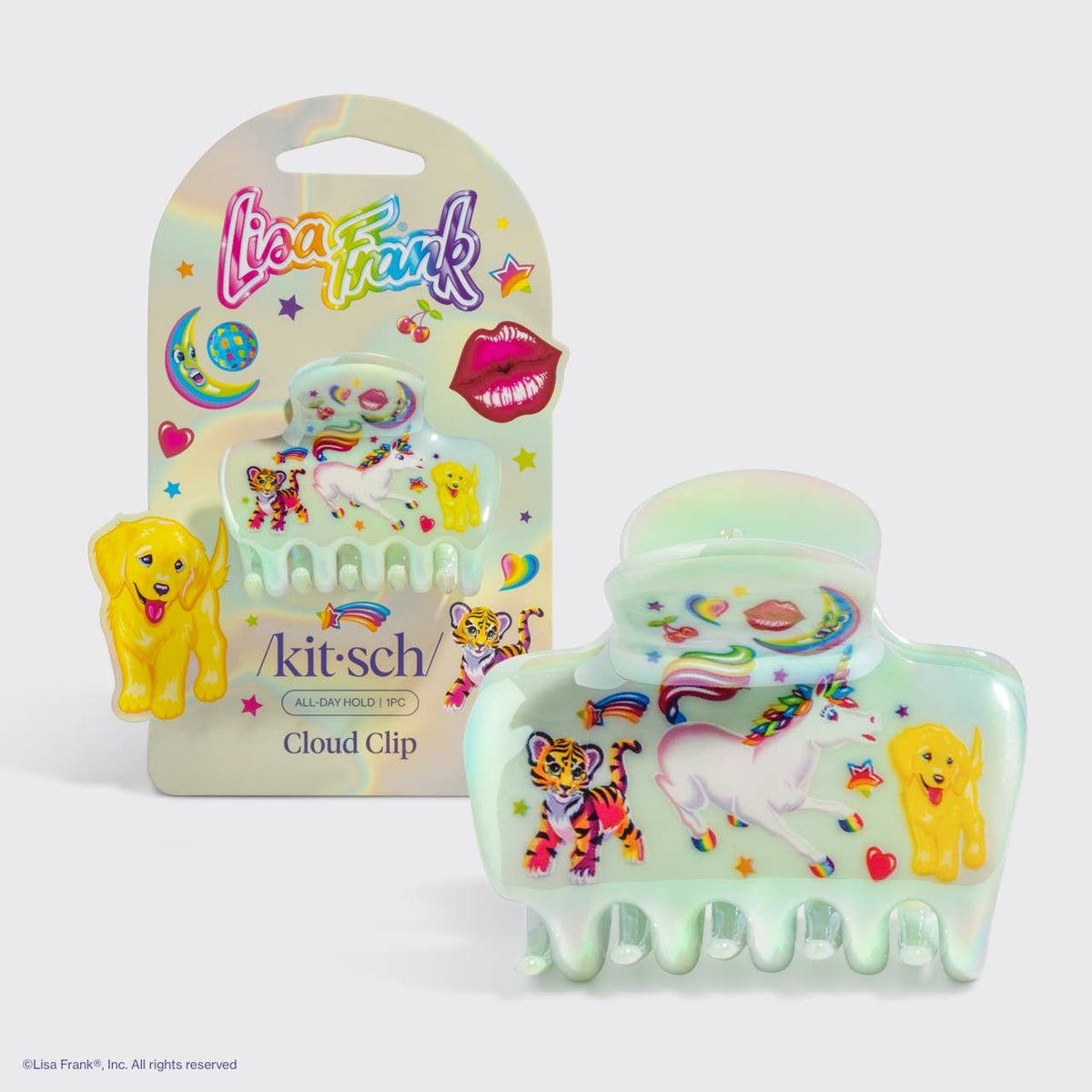 Lisa Frank x Kitsch iridescent mint Cloud Clip with Markie unicorn print, shown with packaging