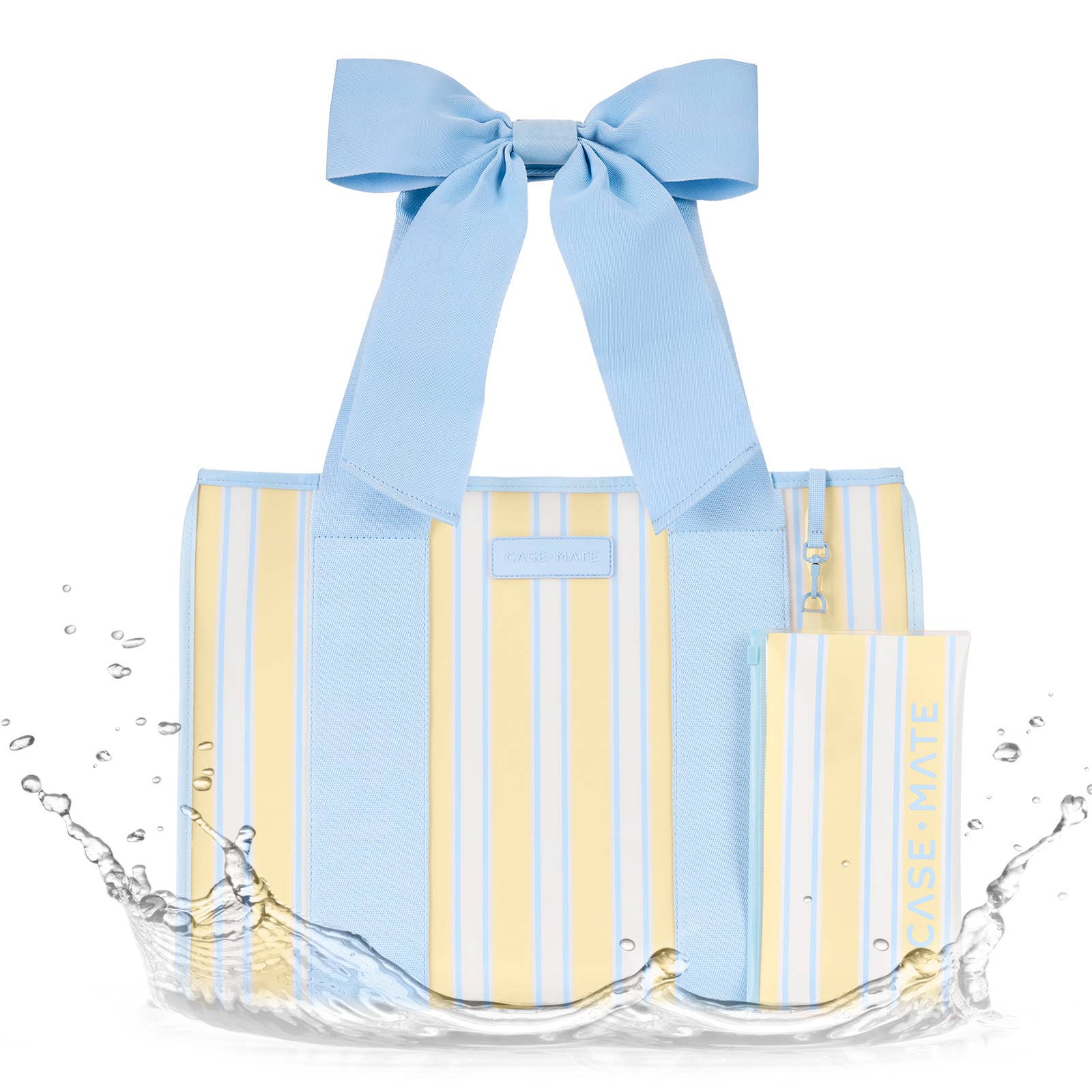 blue/yellow/white striped beach tote with blue ribbon strap against white background.