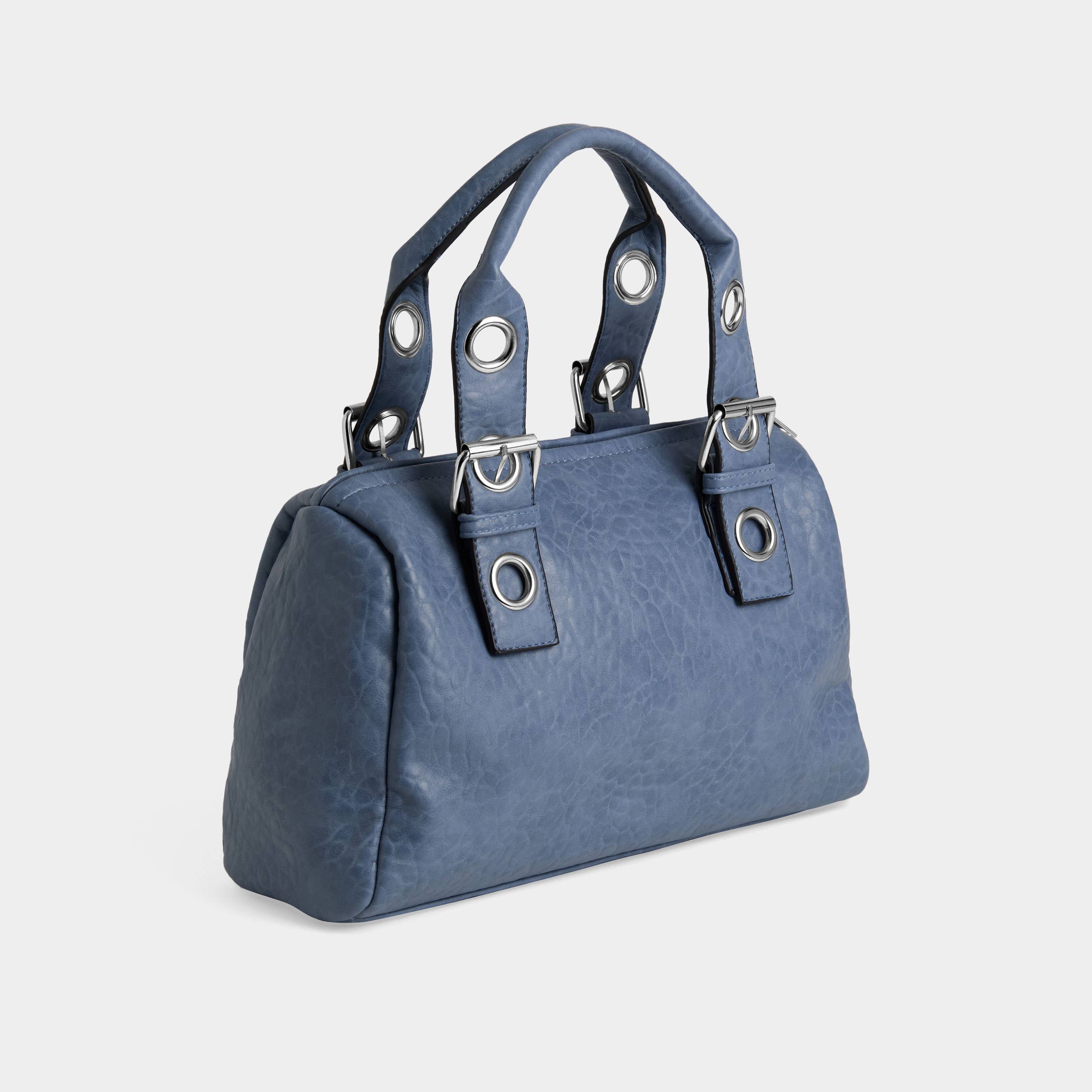 Blue handbag with silver accents on a light gray background