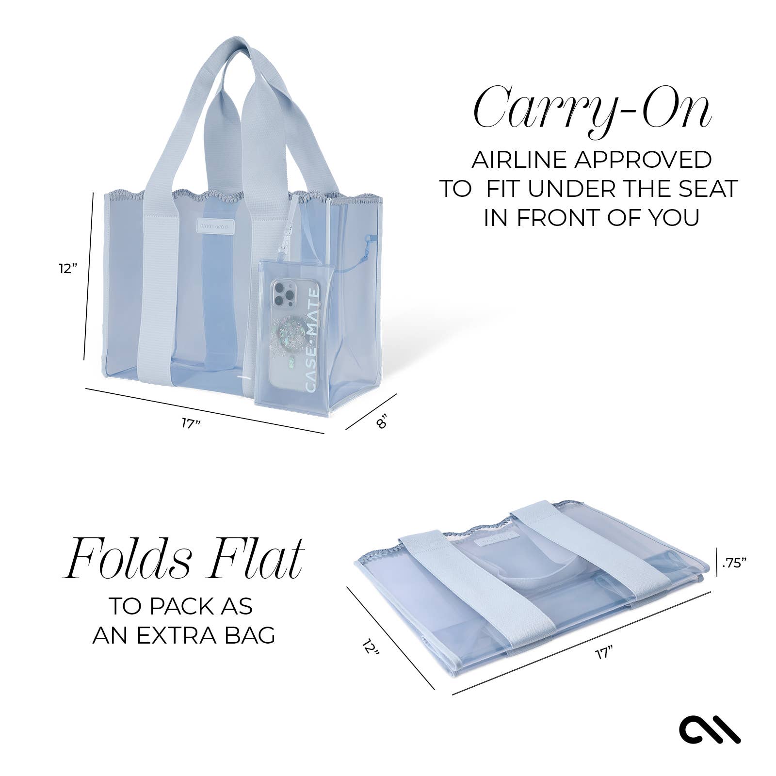 Airline-approved carry-on bag with dimensions and folding instructions on a white background
