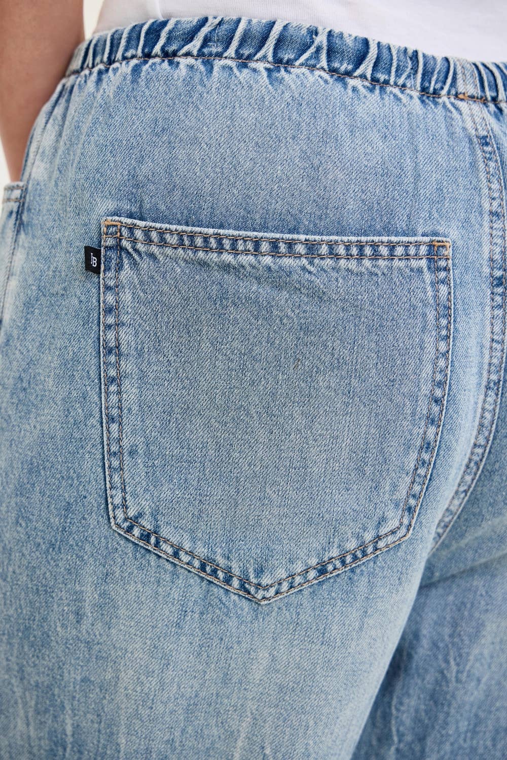 Close-up of back pocket detail on Judy Blue High Waist Palazzo Featherweight Drawcord Jeans, white background