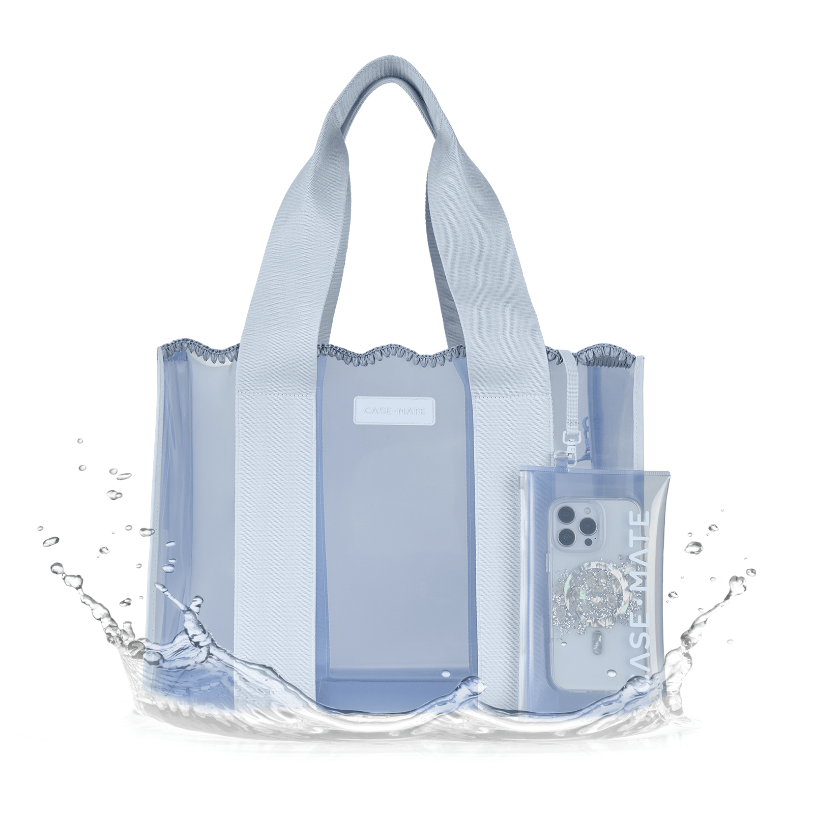 Blue Clear tote bag with a matching pouch on a white background