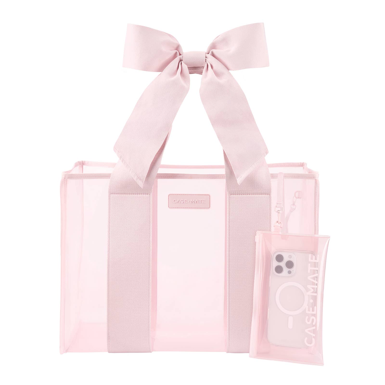 Pink Jelly Tote with attached Cell phone case on white background.