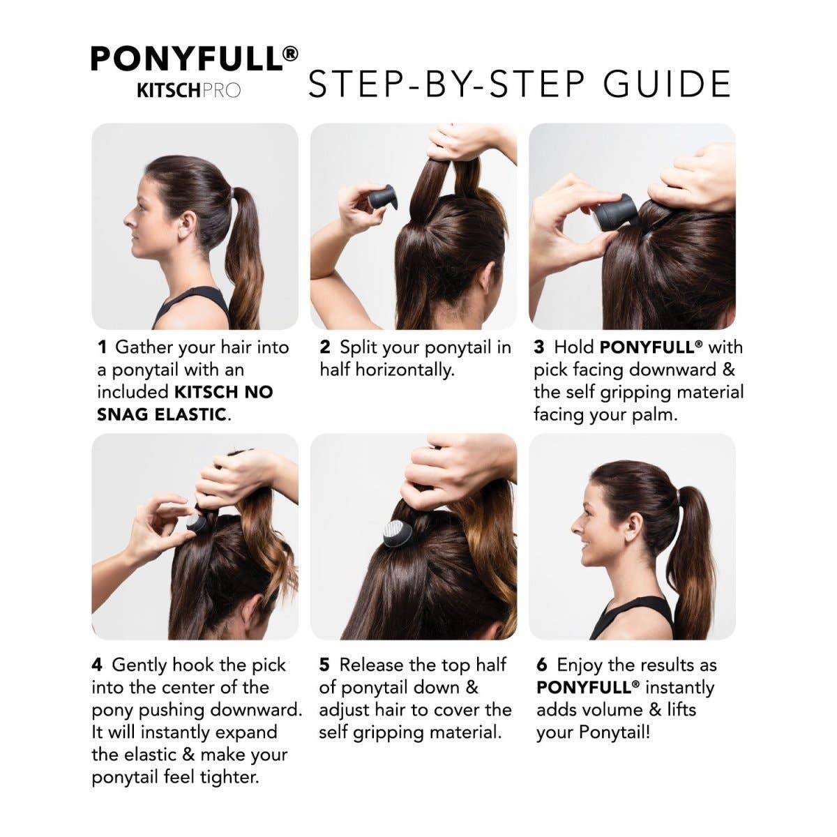 KITSCH PONYFULL step-by-step guide showing how to insert it into a ponytail
