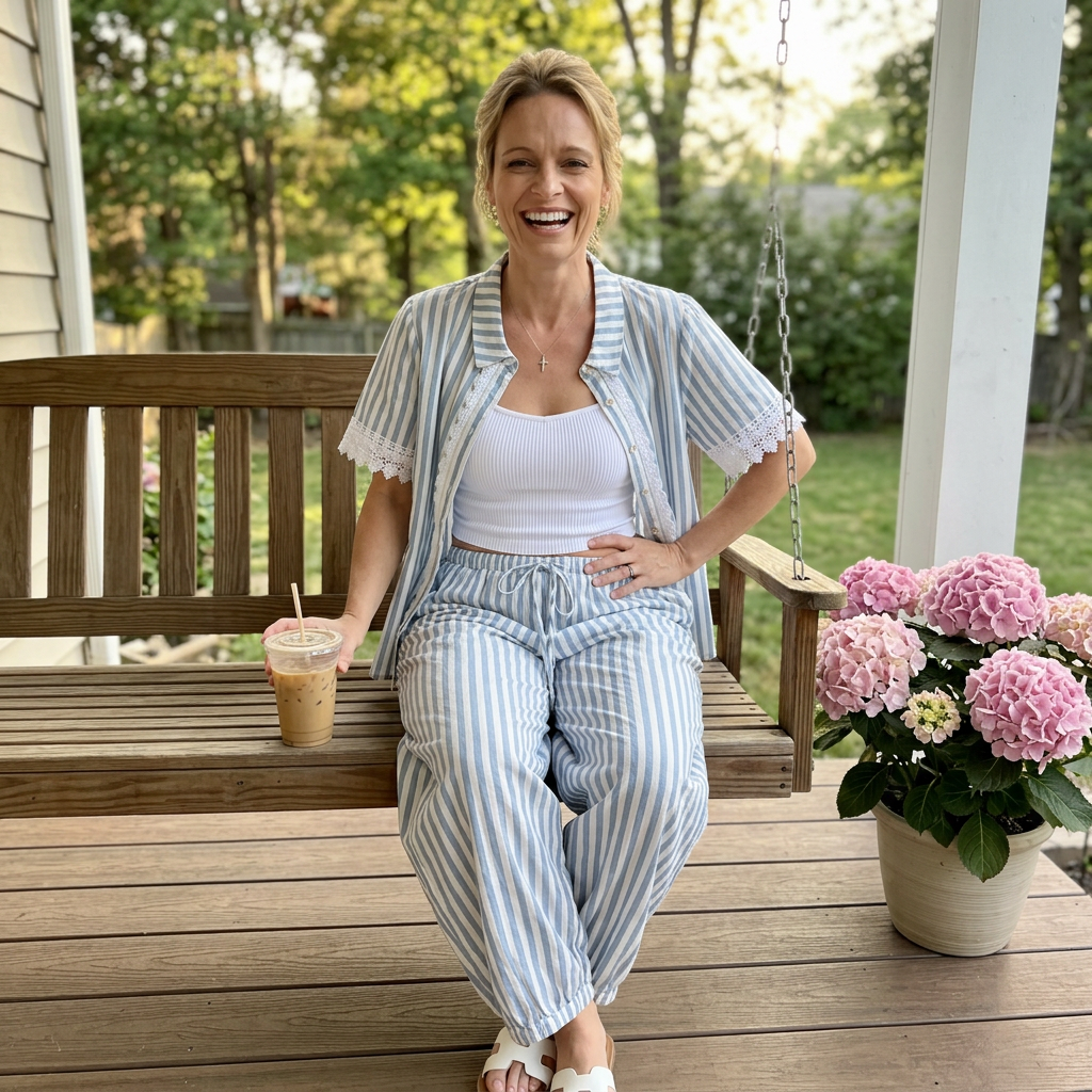 Woman sitting on a wooden swing with a drink, surrounded by flowers on a porch.