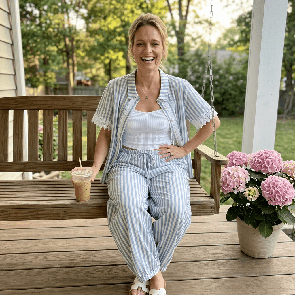 Woman sitting on a wooden swing with a drink, surrounded by flowers on a porch.