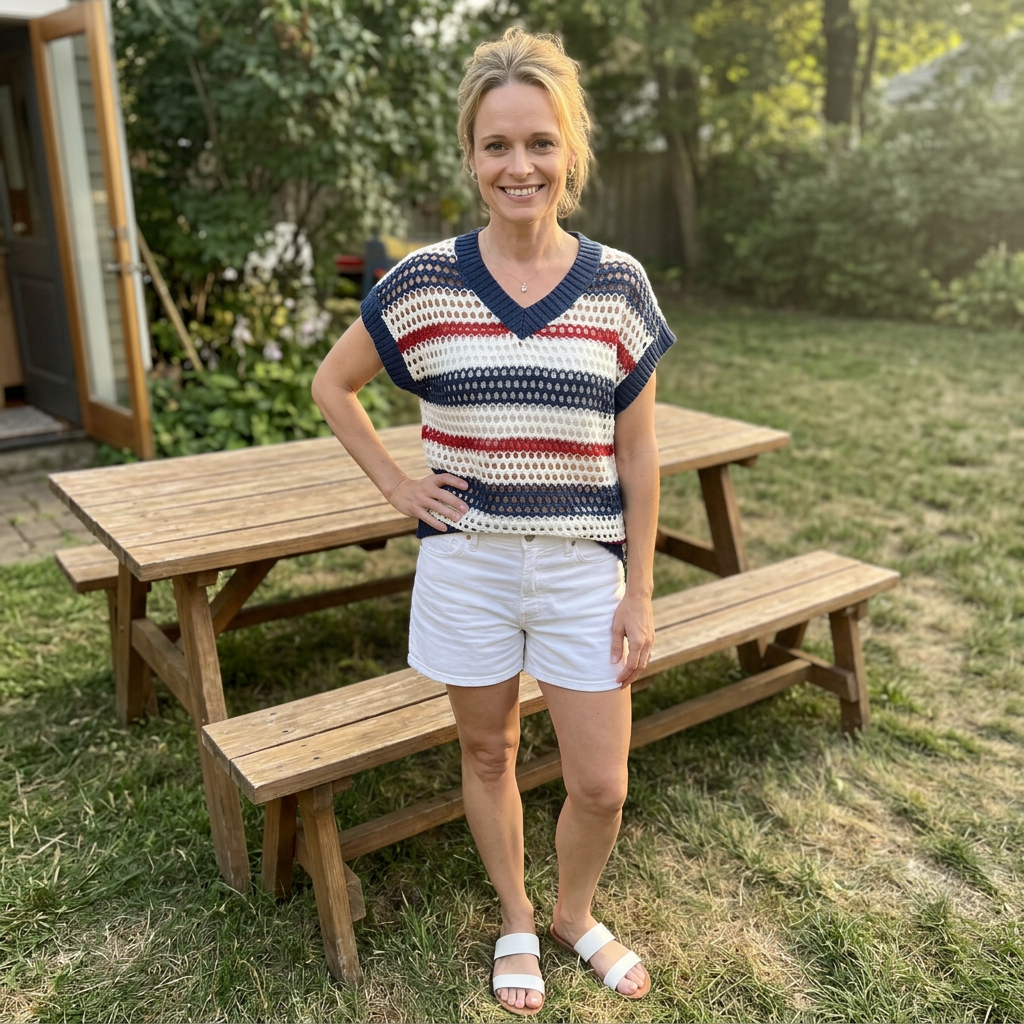 Woman standing outdoors in a park with a wooden picnic table and benches.