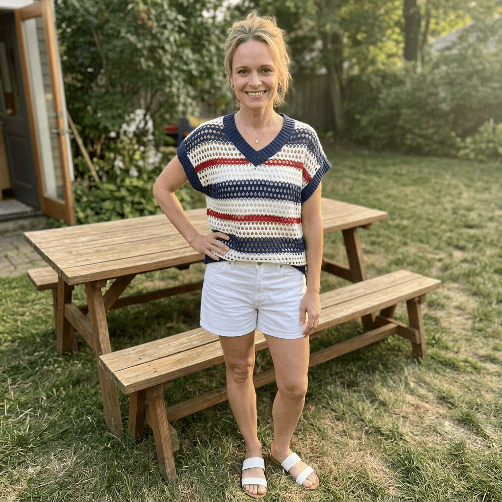 Woman standing outdoors in a park with a wooden picnic table and benches.