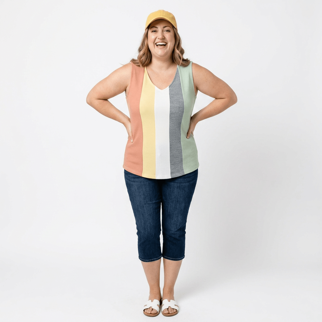 Woman wearing a colorful striped tank top and blue jeans on a white background