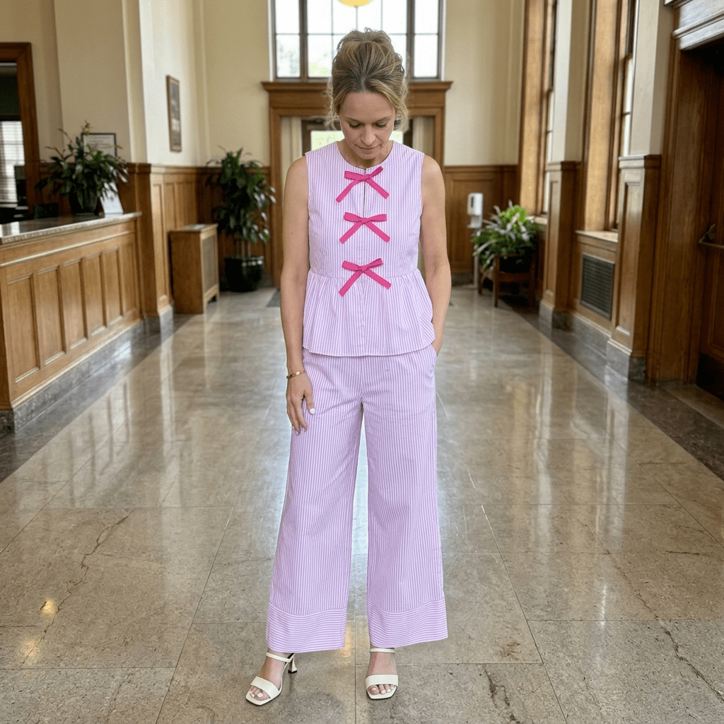 woman in lobby with pink and white striped outfit on. Top has tie bows on it.