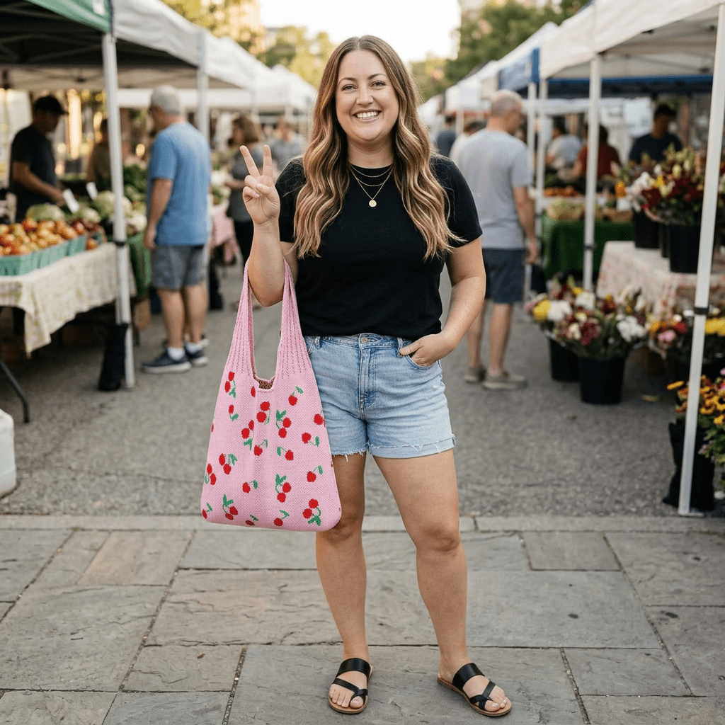 Woman holding a pink knit bag with cherry design at an outdoor market.