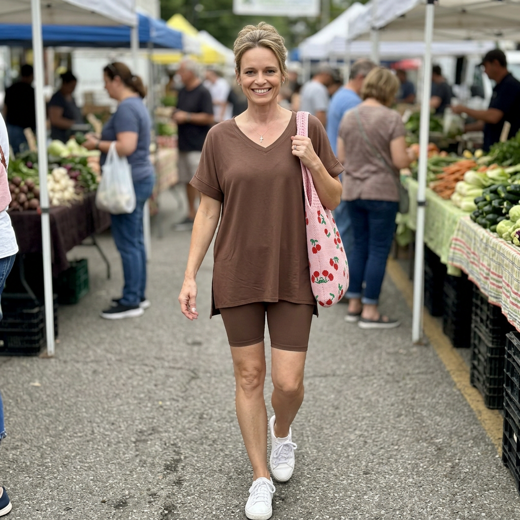 Woman in brown t-shirt and brown biker shorts carrying a pink cherry bag. she is walking thru a farmers market.
