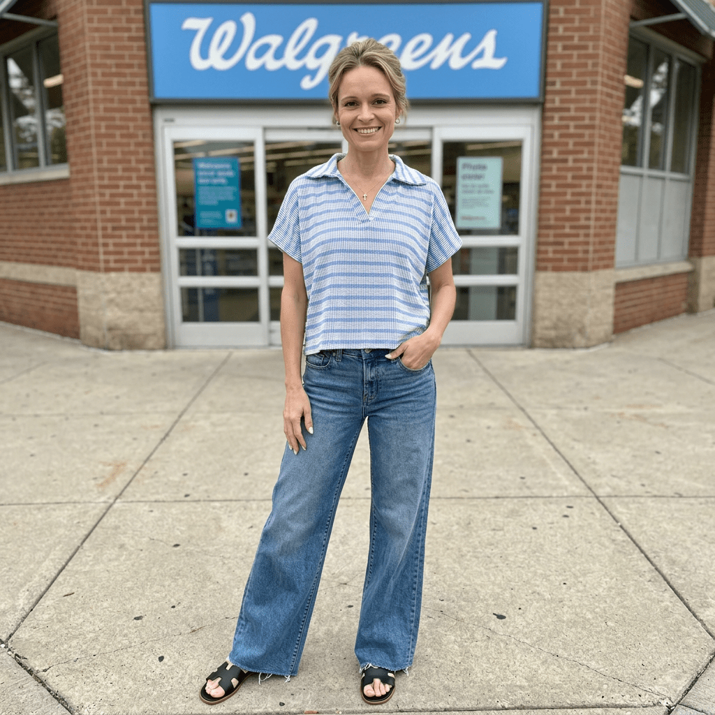 Women in blue shirt and jeans standing in front of a store