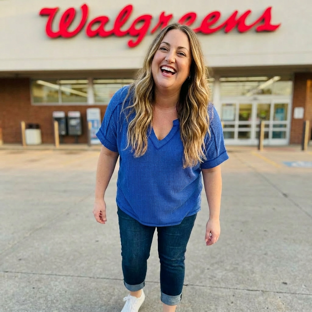 Woman in a blue shirt standing in front of a Walgreens store