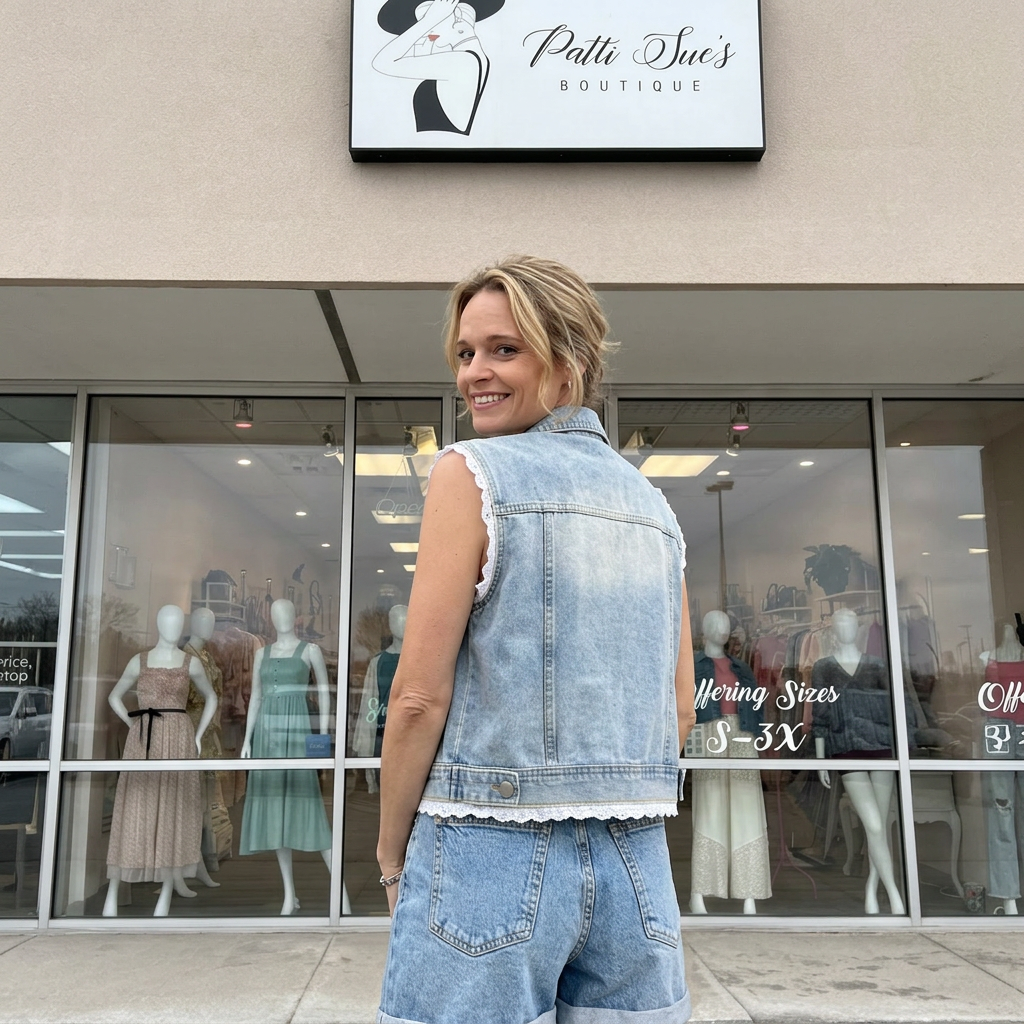 Woman in denim outfit standing in front of 'Patti Sue's Boutique' with mannequins inside.