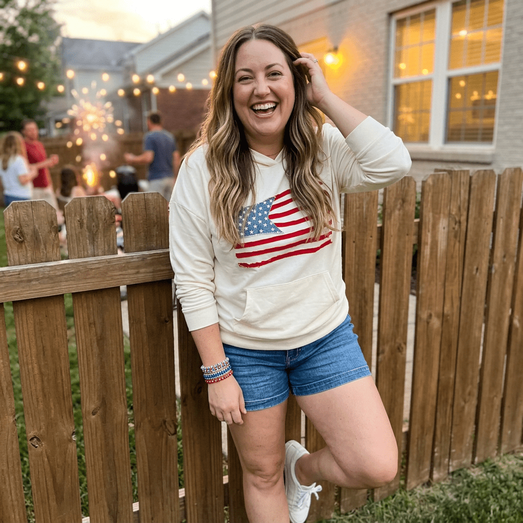 Woman wearing a sweatshirt with an American flag design, standing outdoors near a wooden fence.