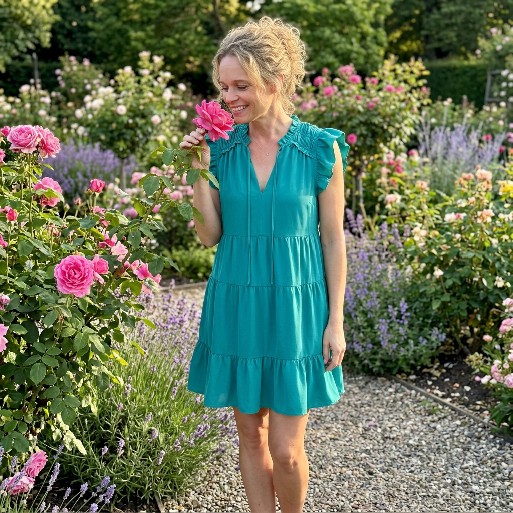 Woman in a teal dress holding a pink flower in a garden setting